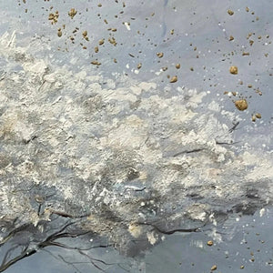 Textured impasto painting "Silver Lining" by Liam O'Connell, white and gold tree on grey background, detail shot.