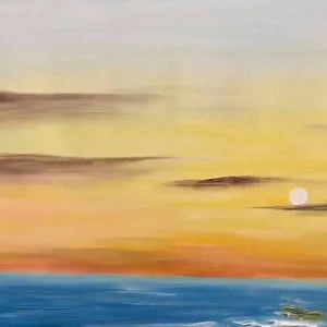 Sunkissed Shores vertical oil painting, serene sunset over blue ocean, warm colors, beach wall art.