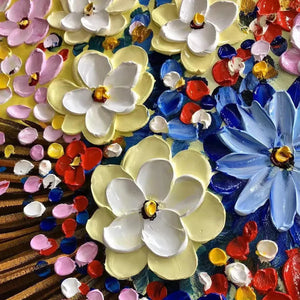 Vibrant Bouquet impasto floral painting: close-up of textured petals in white, yellow, blue, red.