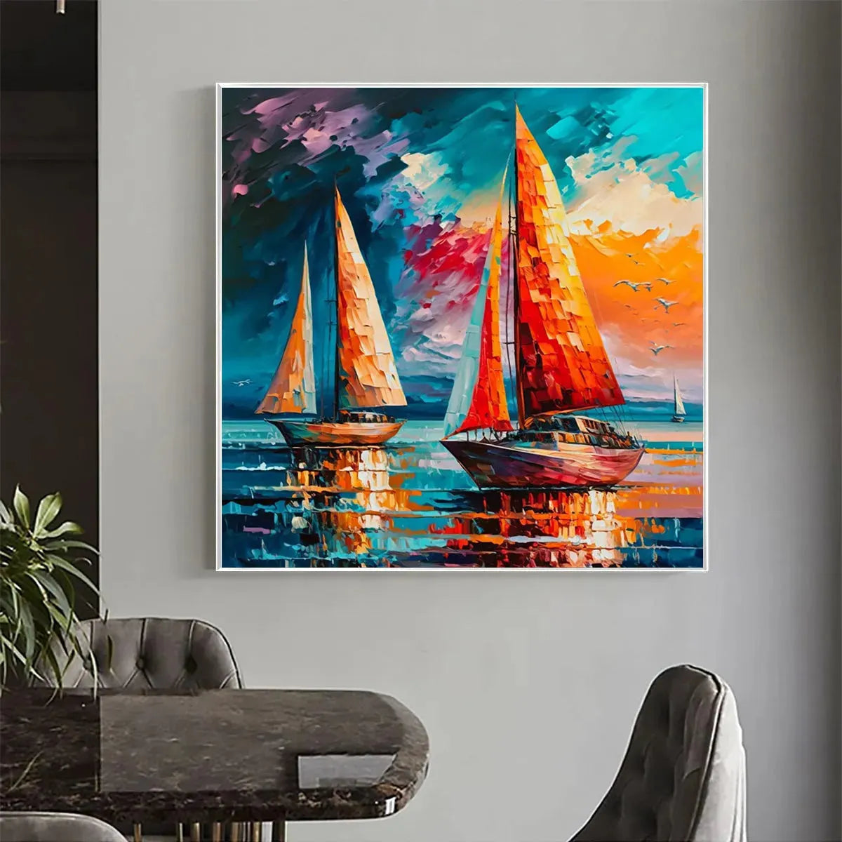 EVENING SAIL: Square Sailboat Painting, Colorful Sunset