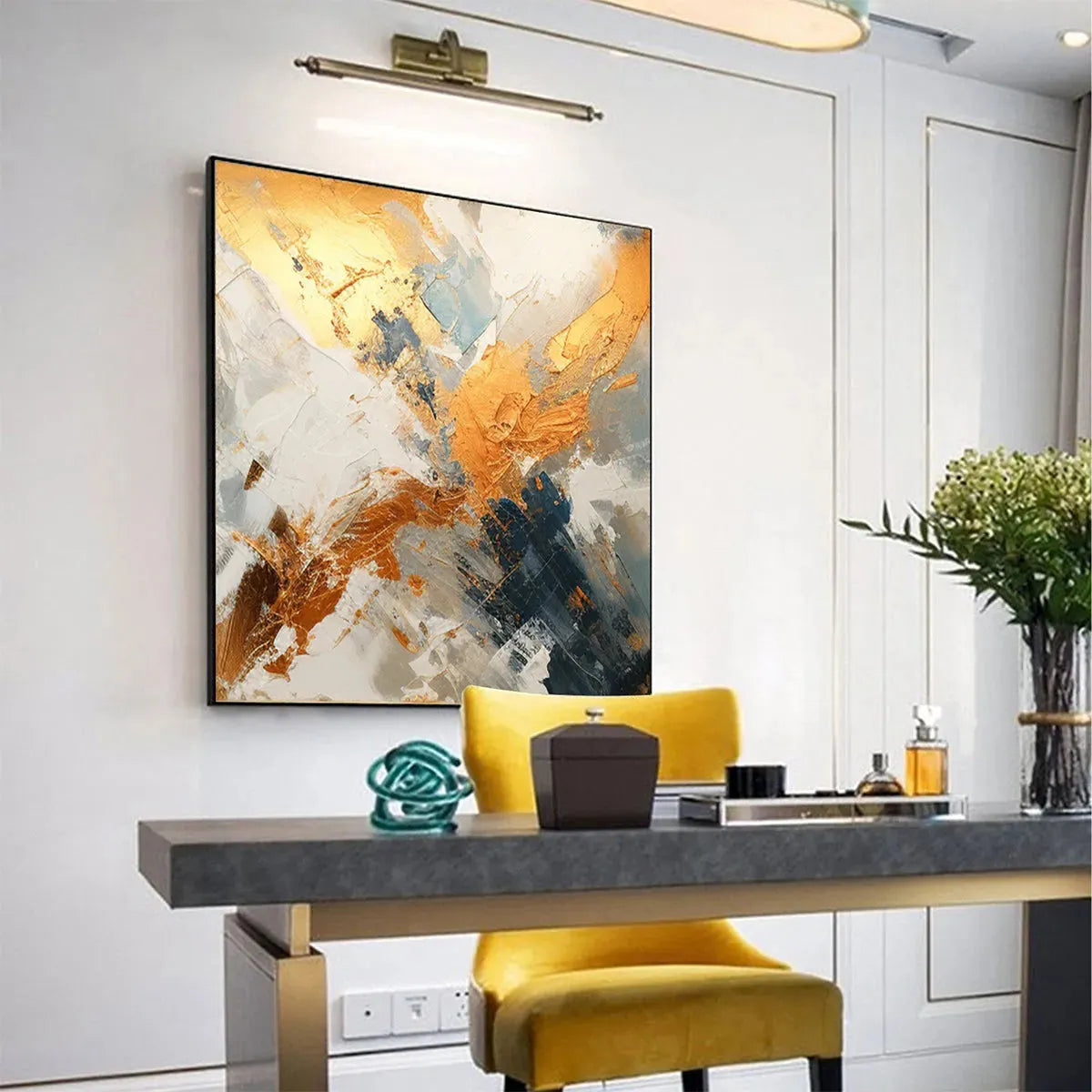 GILDED CONFLUENCE: Square Abstract Oil Painting with Gold, and Grey