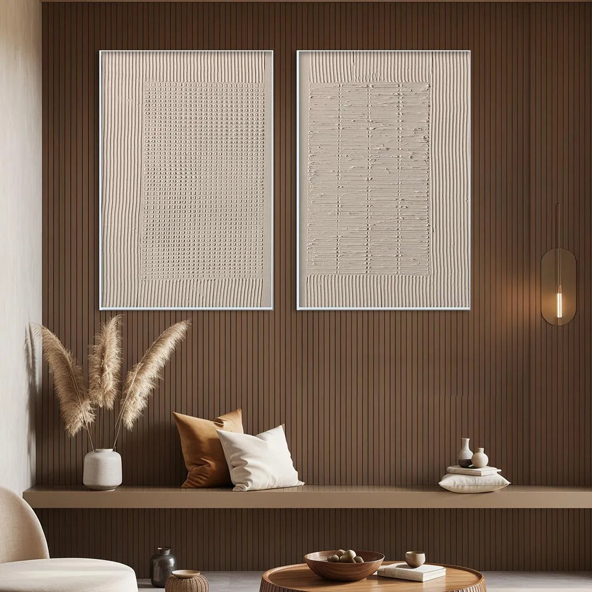 TEXTURED GRID DUO: Set of 2 Textured Abstract Paintings in Beige