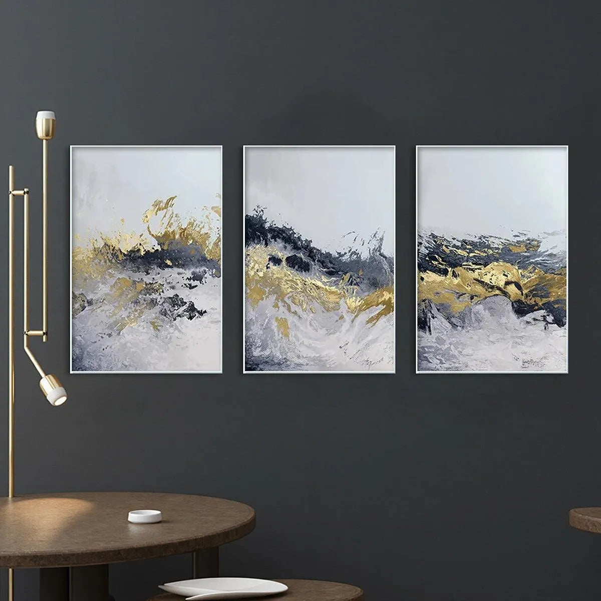 GOLD & GREY ABSTRACT TRIPTYCH: Abstract Painting Set of 3, Vertical Wall Art