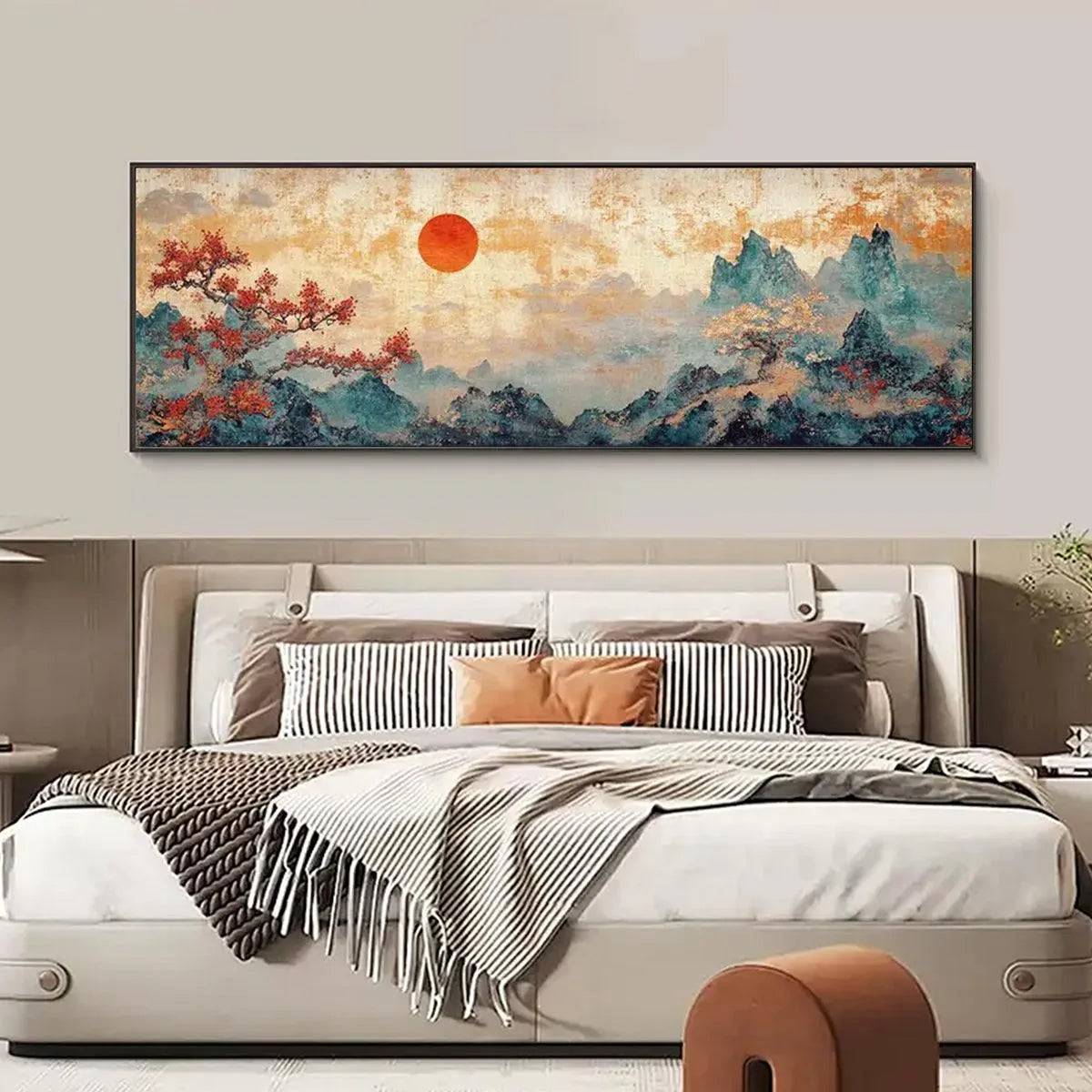 ZEN MOUNTAIN SUNSET PANORAMIC: Landscape Painting, Panoramic Wall Art, Asian Decor