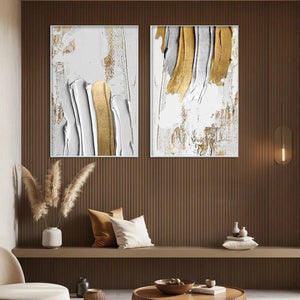 Golden Lines Diptych: Textured impasto painting set of 2, vertical gold & silver wall art on white