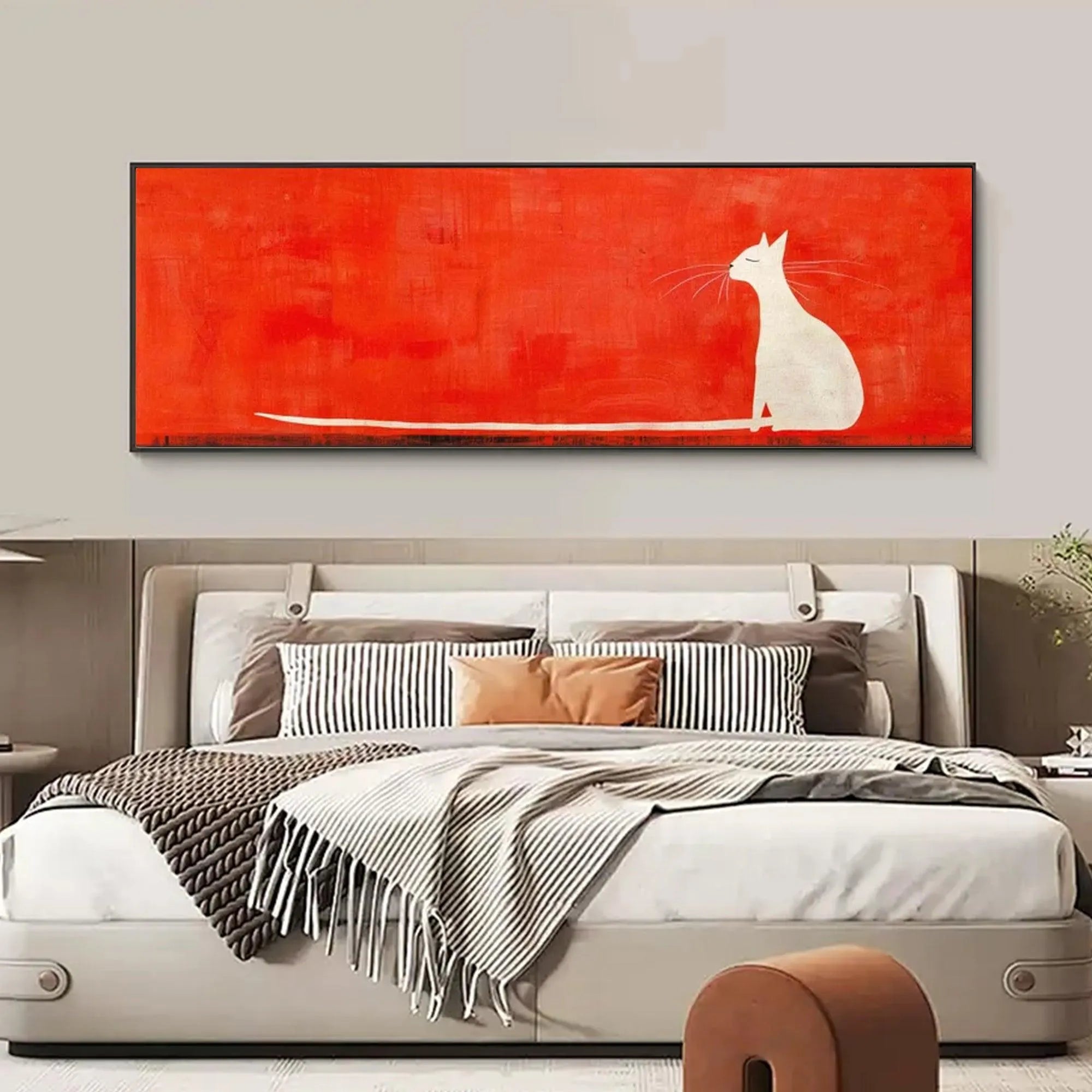 MINIMALIST CAT ON RED PANORAMIC: Cat Painting, Panoramic Wall Art, Minimalist Decor