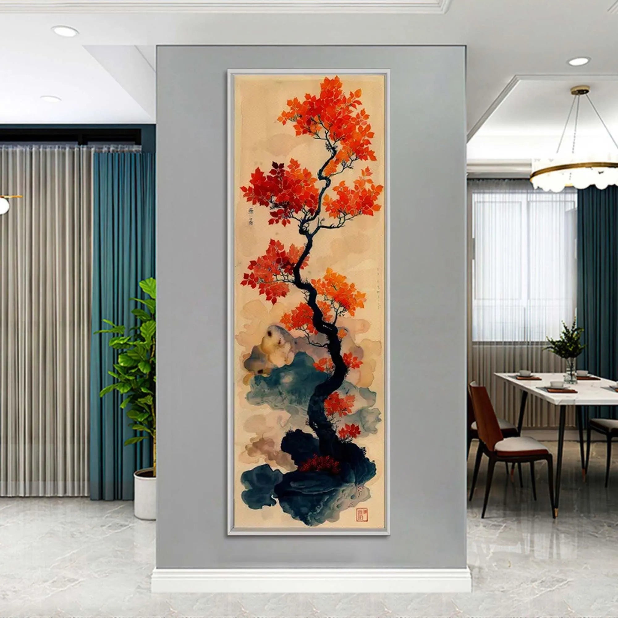 CRIMSON AUTUMN BONSAI: Tree Painting, Vertical Wall Art, Asian Decor