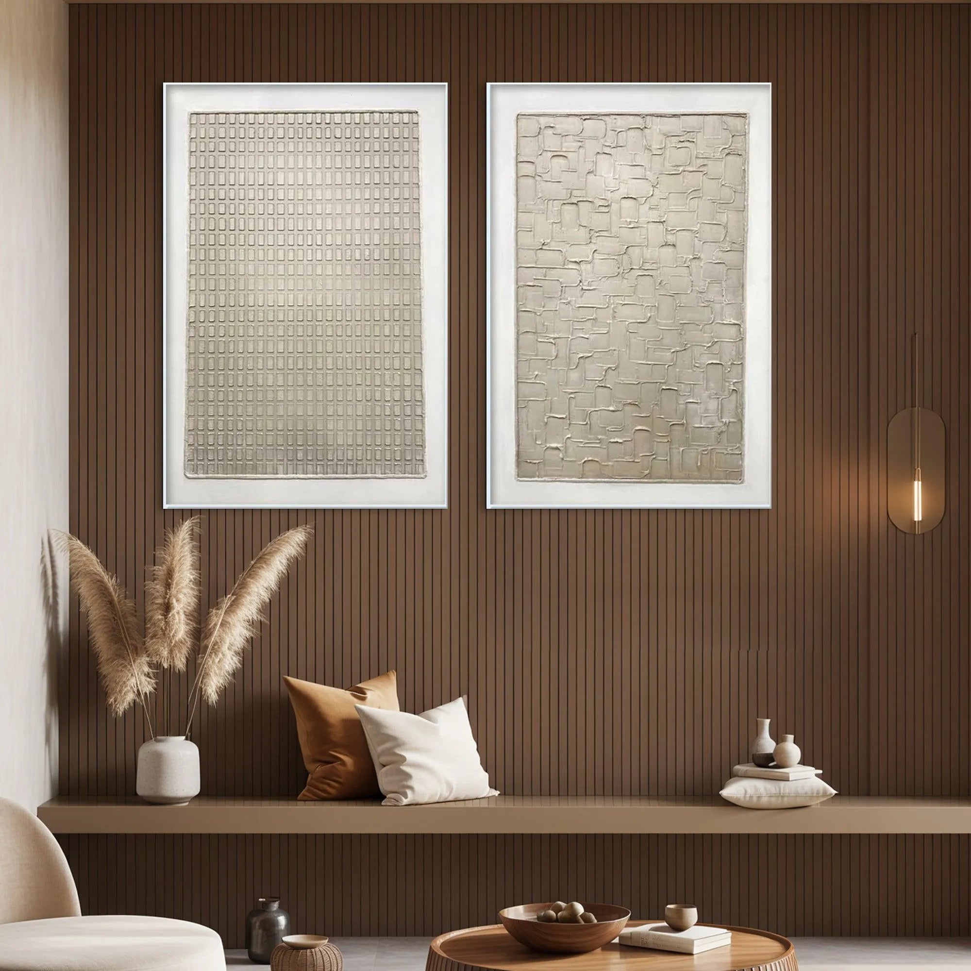 TEXTURED BEIGE GRID SET: Minimalist Textured Painting Set of 2