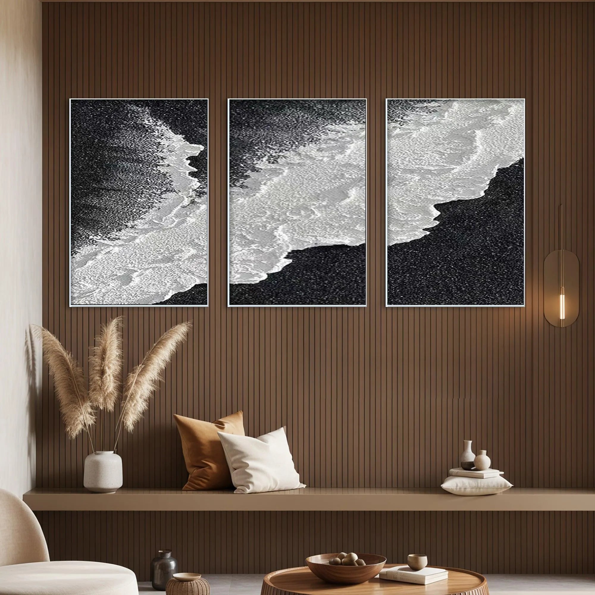 BLACK & WHITE OCEAN TRIPTYCH: Abstract Ocean Painting Set of 3, Vertical Wall Art