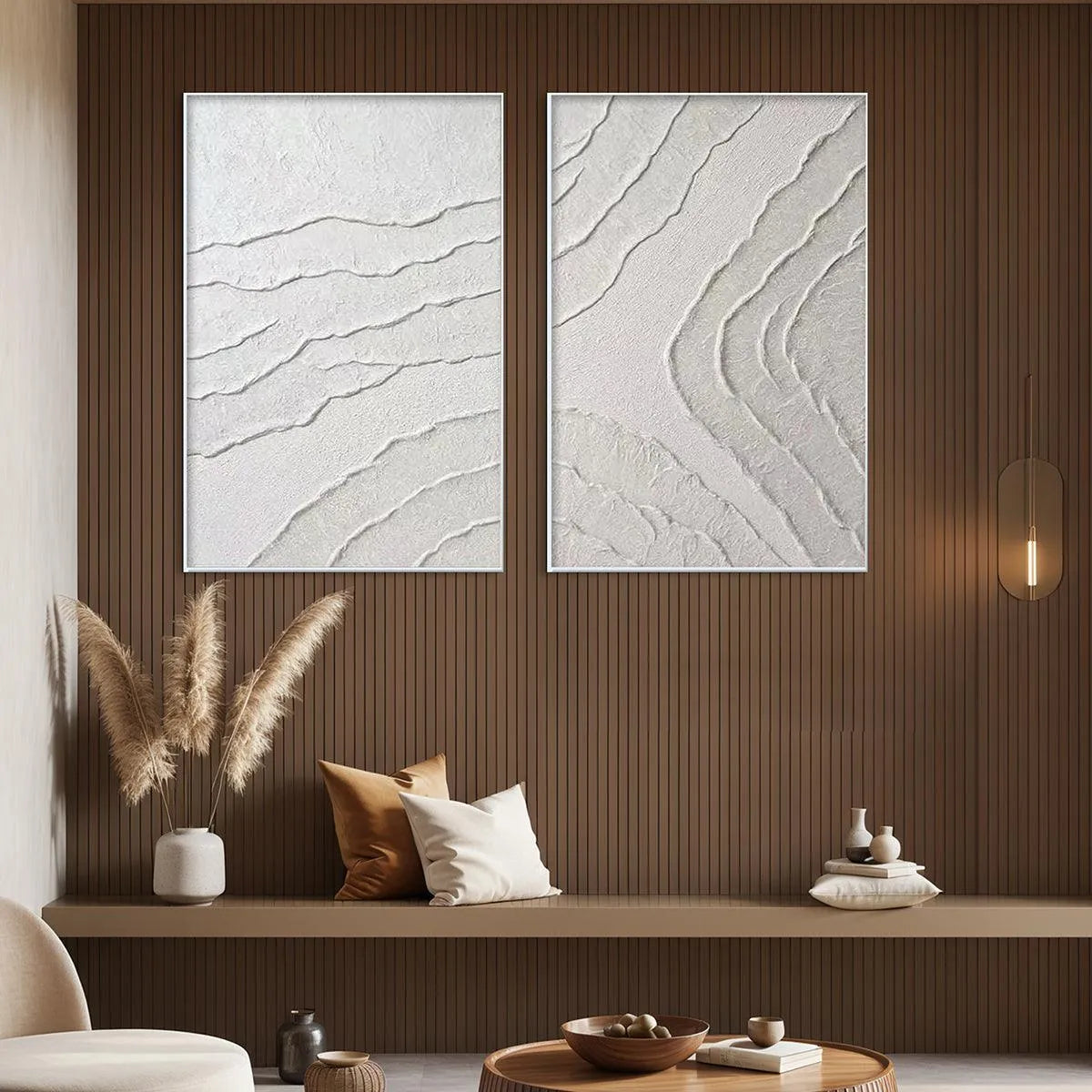 WHITE TEXTURED LINES DIPTYCH: Textured Abstract Painting Set of 2, Vertical Wall Art