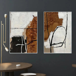Set of 2 brown and white abstract vertical paintings with bold black lines and textured paint, showcasing product appearance.