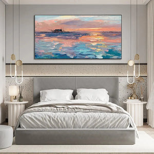 Dusk Reflections minimalist panoramic coastal sunset art with coral and blue tones above bed in modern bedroom.