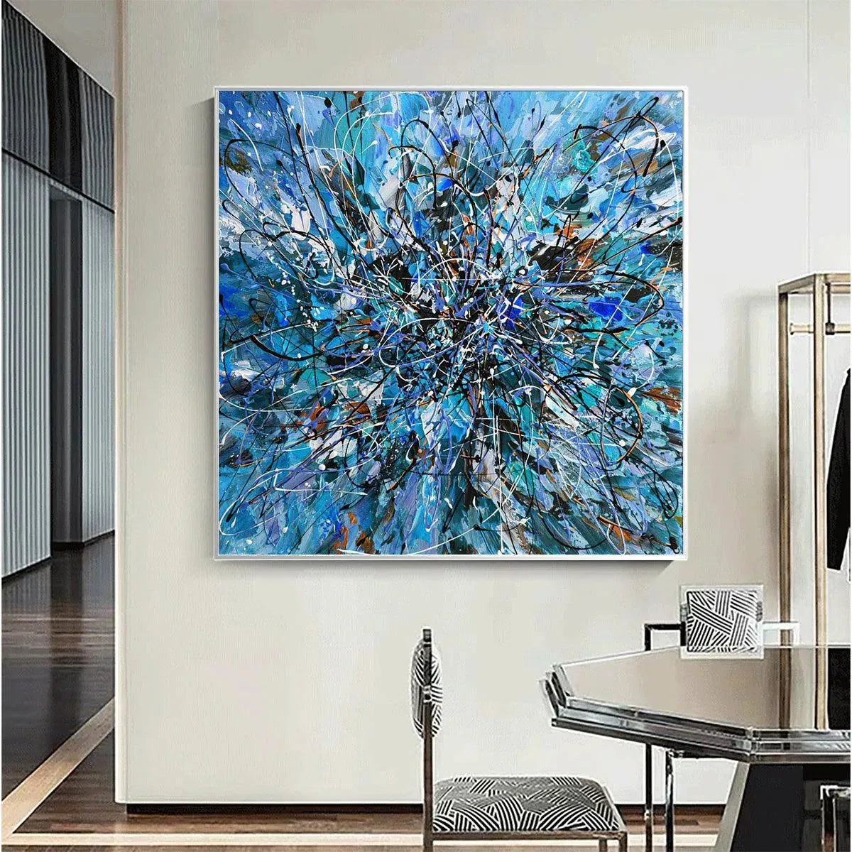 Azure Exploration: Abstract Blue and Black Oil Painting on Canvas