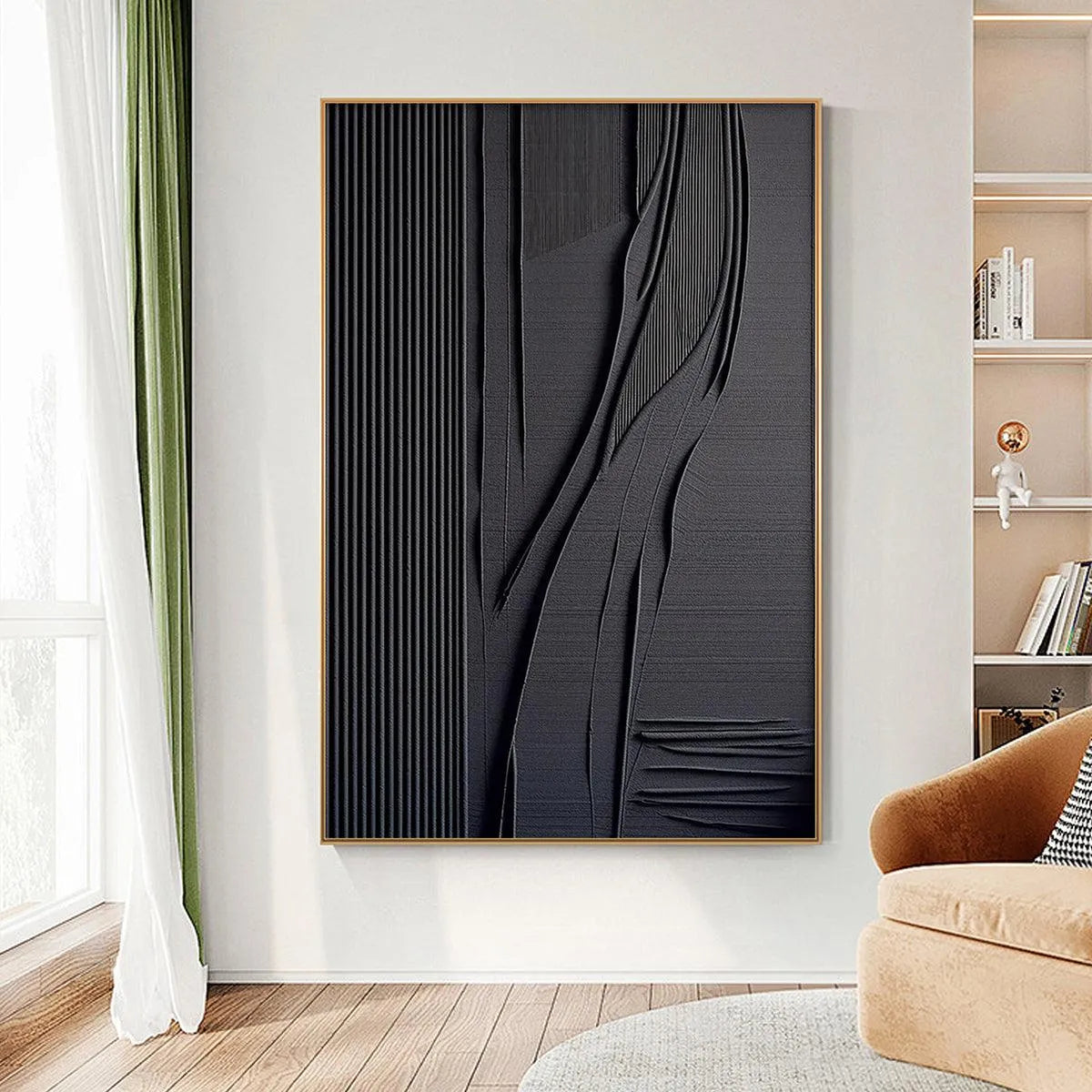 BLACK TEXTURED LINES AND CURVES: Minimalist Textured Abstract Painting