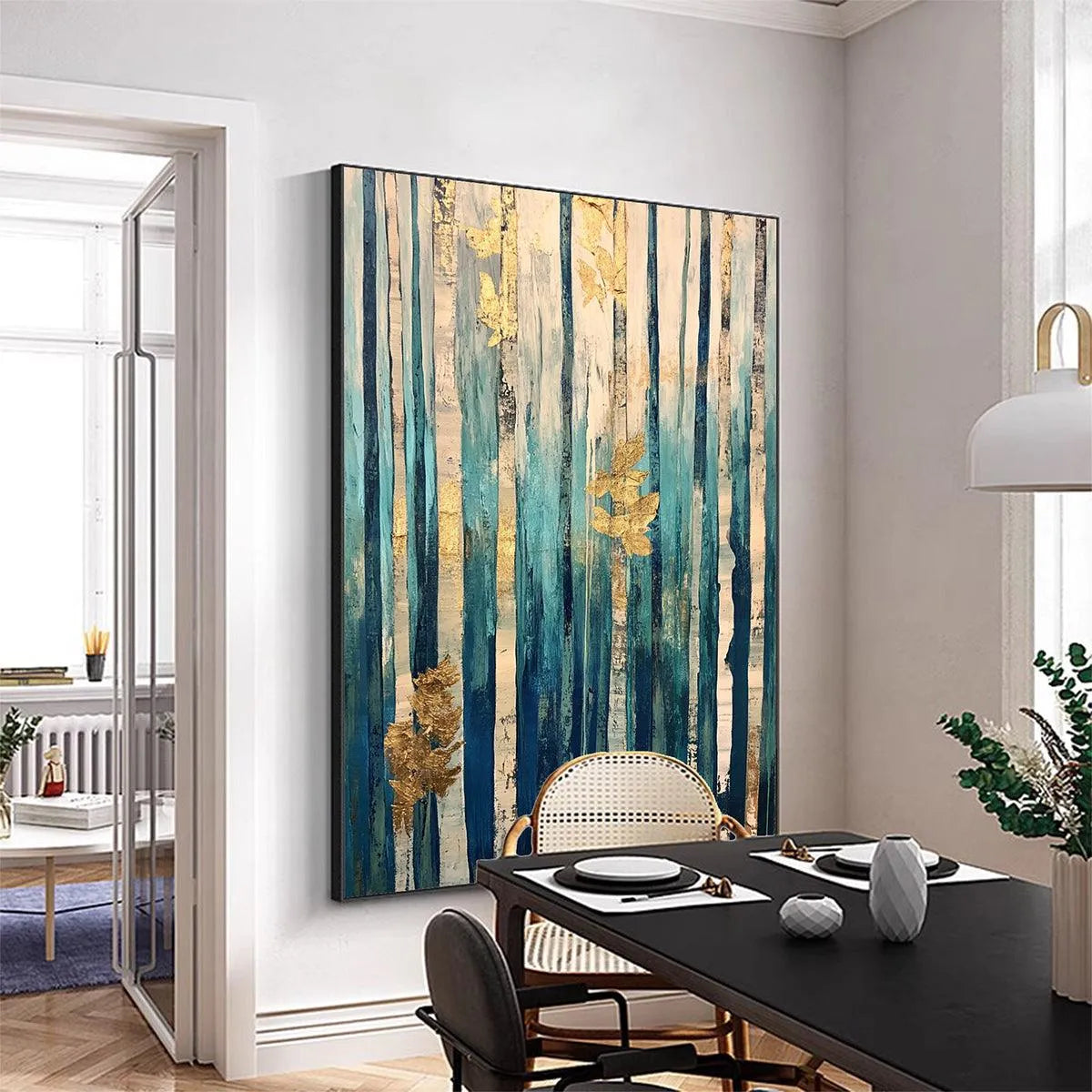 AZURE FOREST: Vertical Abstract Forest Oil Painting with Gold Leaf