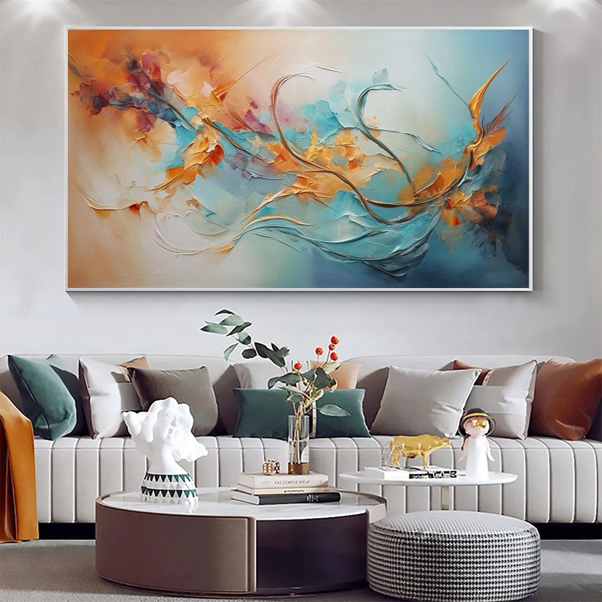 SERENE DAWN: Panoramic Abstract Teal and Gold Oil Painting