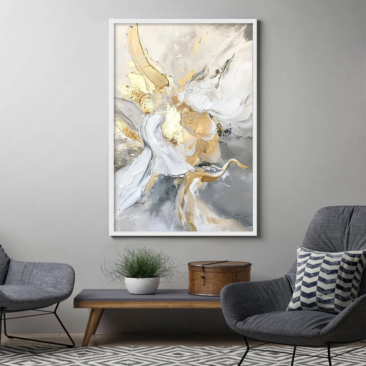 ETHEREAL GOLD: Abstract White, Grey and Gold Oil Painting