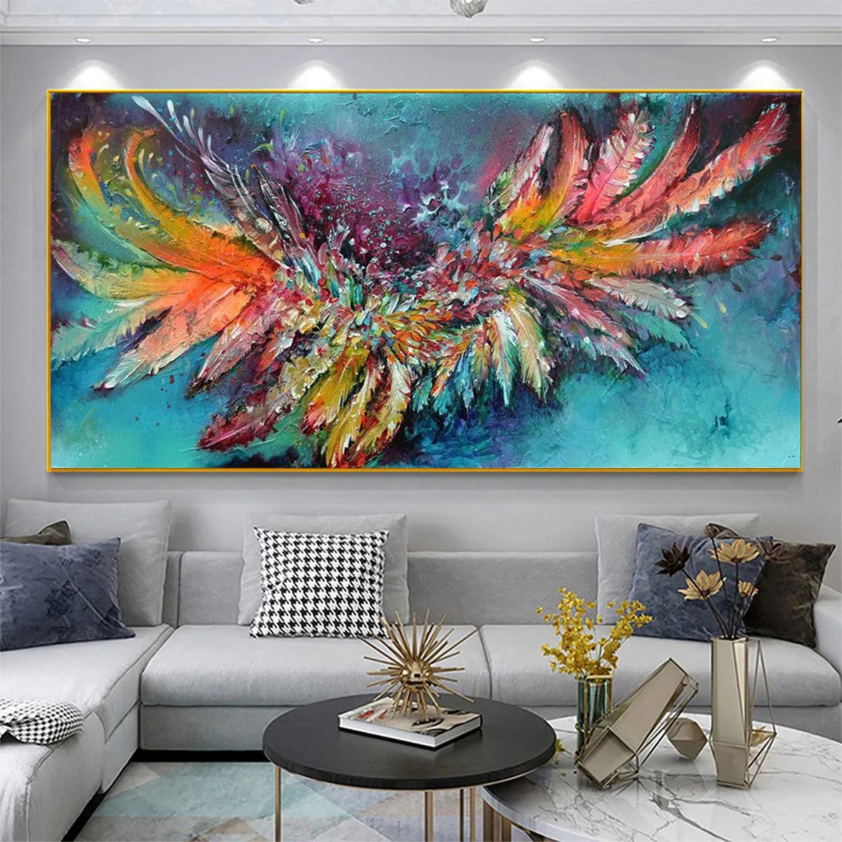 PLUMAGE FIRE: Vibrant Abstract Feather Oil Painting