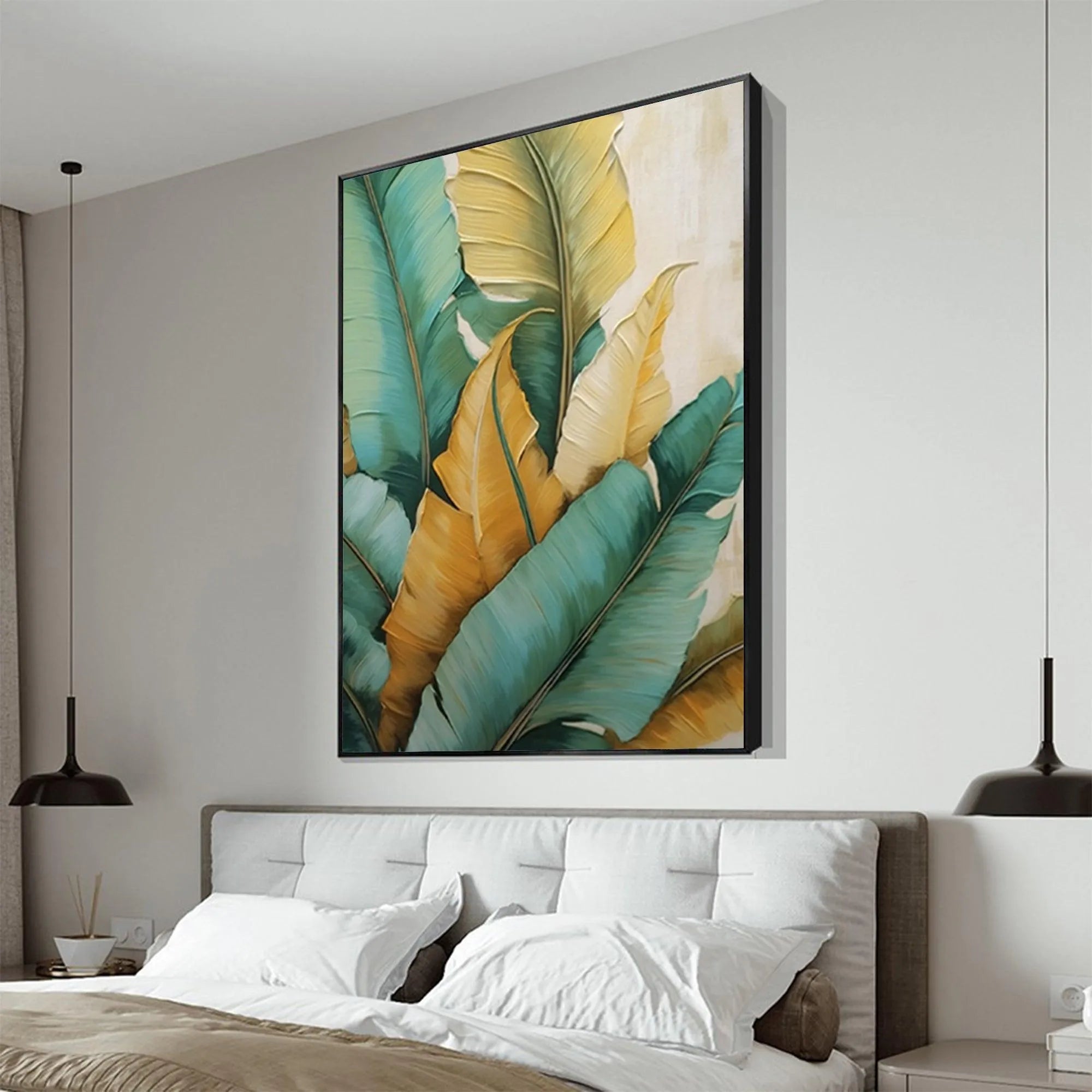 TROPICAL ABUNDANCE: Textured Tropical Leaves Painting, Green and Gold Wall Art, Vertical Canvas, Botanical Decor