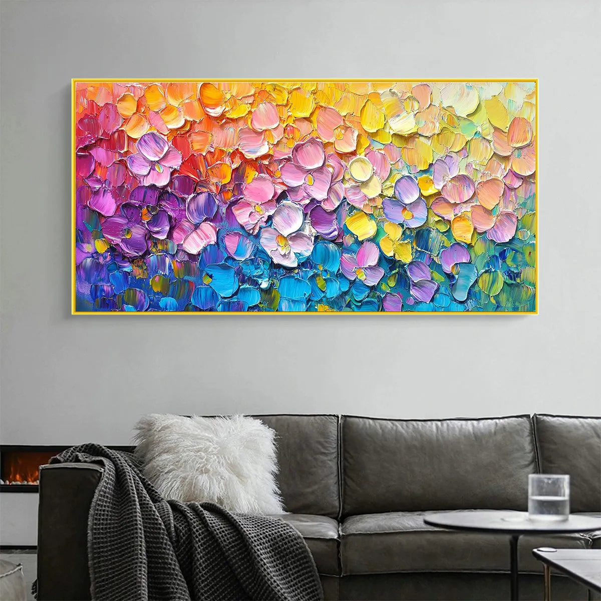 RAINBOW FALLS: Panoramic Impasto Floral Oil Painting in Vibrant Rainbow Hues