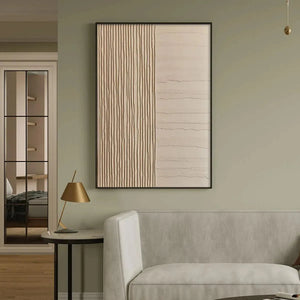 Javier Ramirez's Textured Beige Lines artwork, minimalist art, vertical and horizontal lines, gold frame, for modern decor