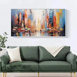 Javier Ramirez's 'City Market' painting: vibrant colorful cityscape, market scene, enhancing modern living room decor.