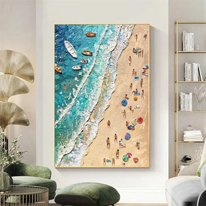 Sun-Kissed Shores painting by Isabella Rossi: Textured beach scene with figures, boats, and umbrellas; coastal artwork.