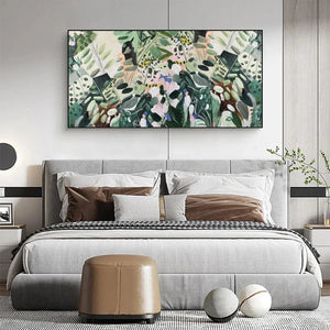 Elodie Dubois Secret Garden panoramic impressionist oil painting of green foliage with pink accents above a modern bed.