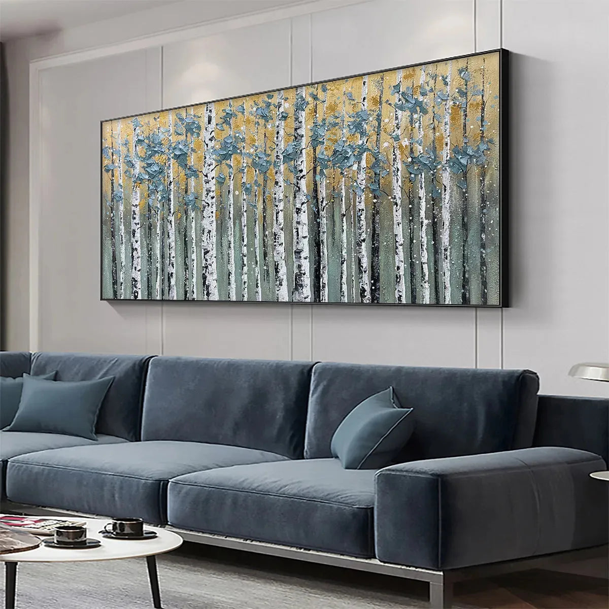 GOLDEN BIRCH GROVE: Textured Birch Tree Painting, Gold and Green Wall Art, Horizontal Canvas, Forest Decor