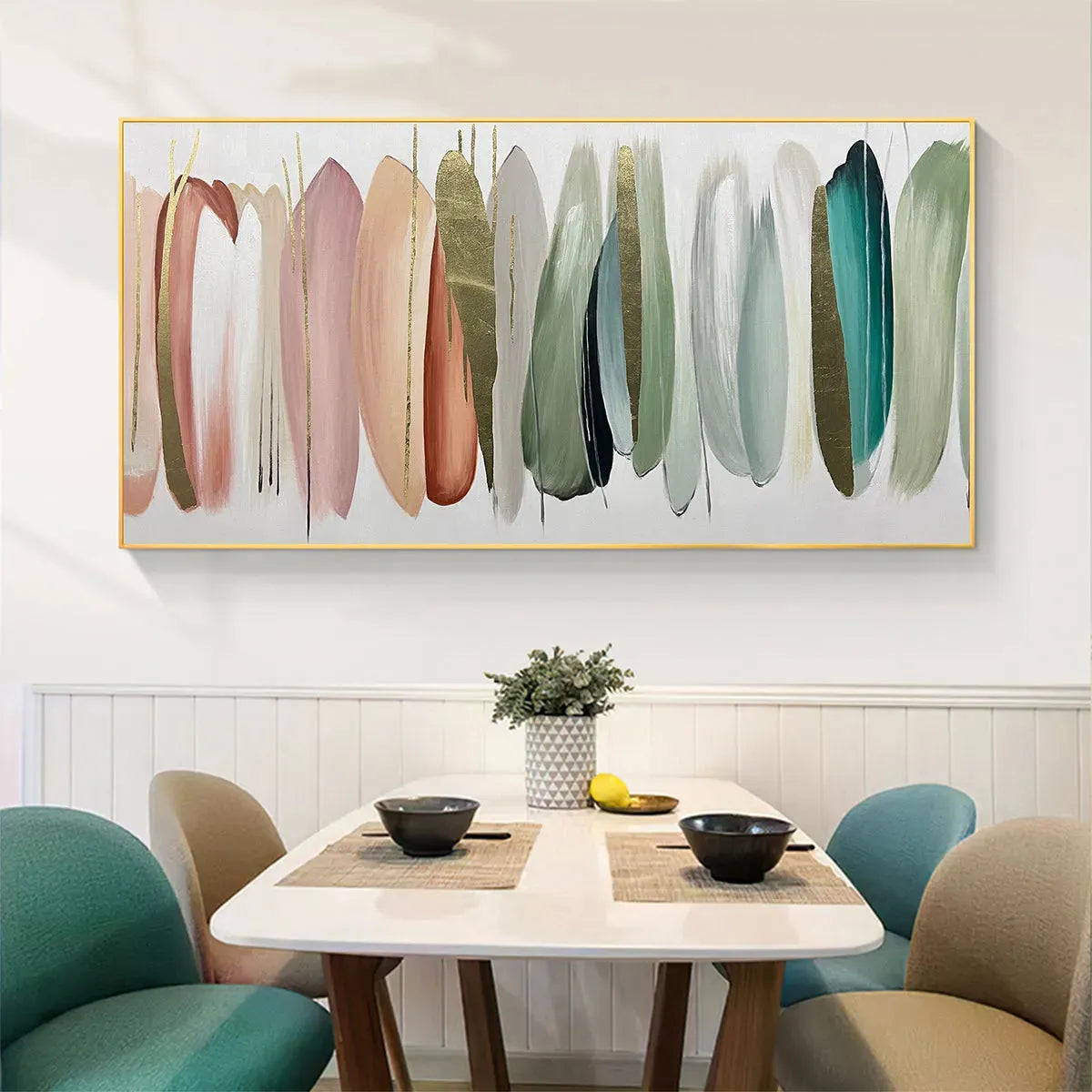 AUTUMN WHISPERS: Abstract Painting in Pink, Green, and Gold, Horizontal Canvas, Modern Wall Art