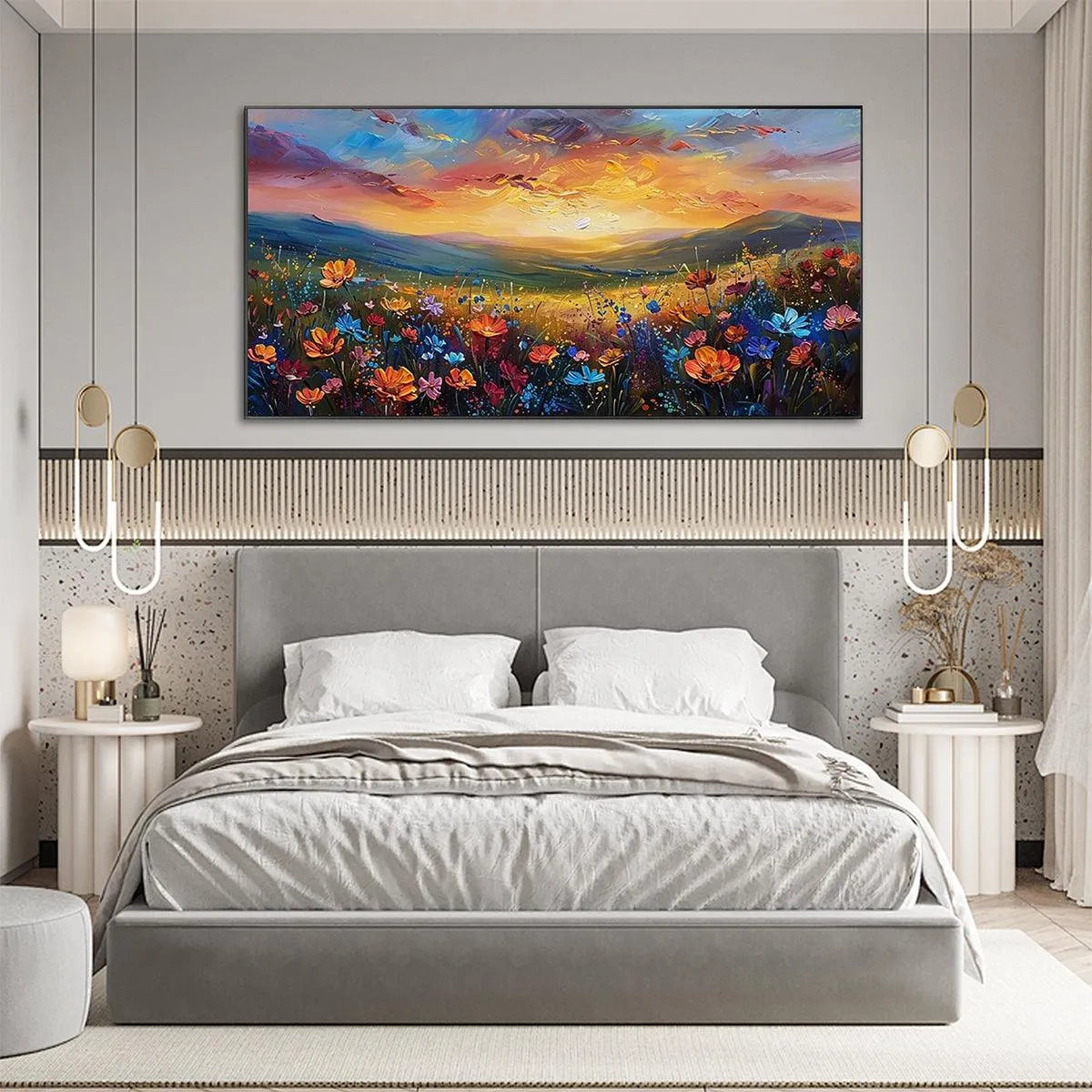 SUNSET SERENADE: Textured Floral Landscape Painting, Impasto Wall Art, Horizontal Canvas, Sunset Decor