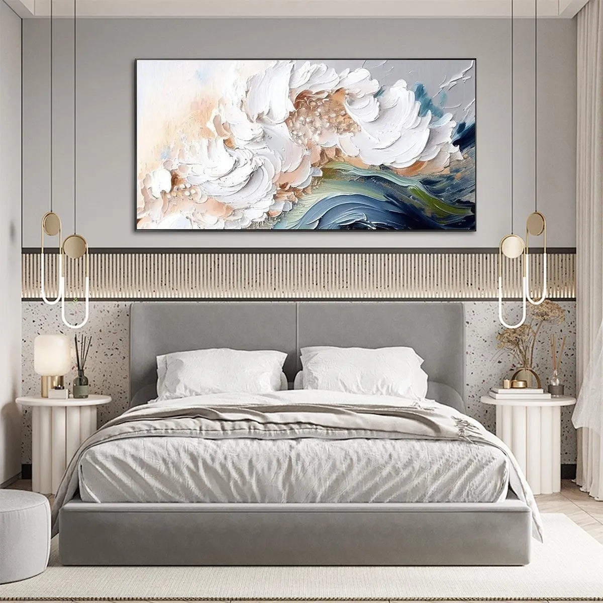 OCEAN WHISPERS: Textured Abstract Seascape Painting, White and Blue Wall Art, Panoramic Canvas, Coastal Decor