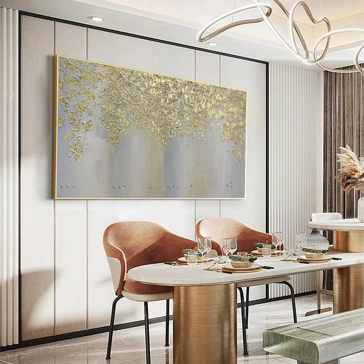 GOLDEN DRIZZLE: Gold Leaf Abstract Painting, Grey and Gold Wall Art, Horizontal Canvas, Modern Decor