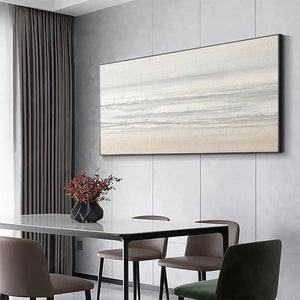Tranquil Coast Liam O'Connell minimalist painting, neutral tones, horizontal seascape, lifestyle setting.