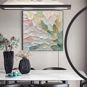 Elodie Dubois 'Pastel Dream' square impasto painting with pastel textured leaves, ideal for modern decor
