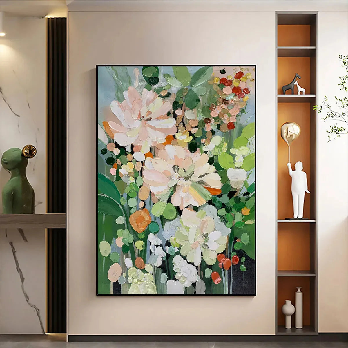 BLUSHING BLOOMS: Textured Floral Painting, Impasto Palette Knife, Vertical Canvas, Modern Floral Wall Art