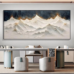 Textured white and gold impasto mountain painting, Liam O'Connell. Living room decor.