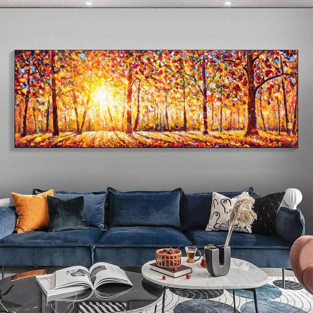 AUTUMN SUNRISE: Panoramic Forest Landscape Painting in Orange and Yellow