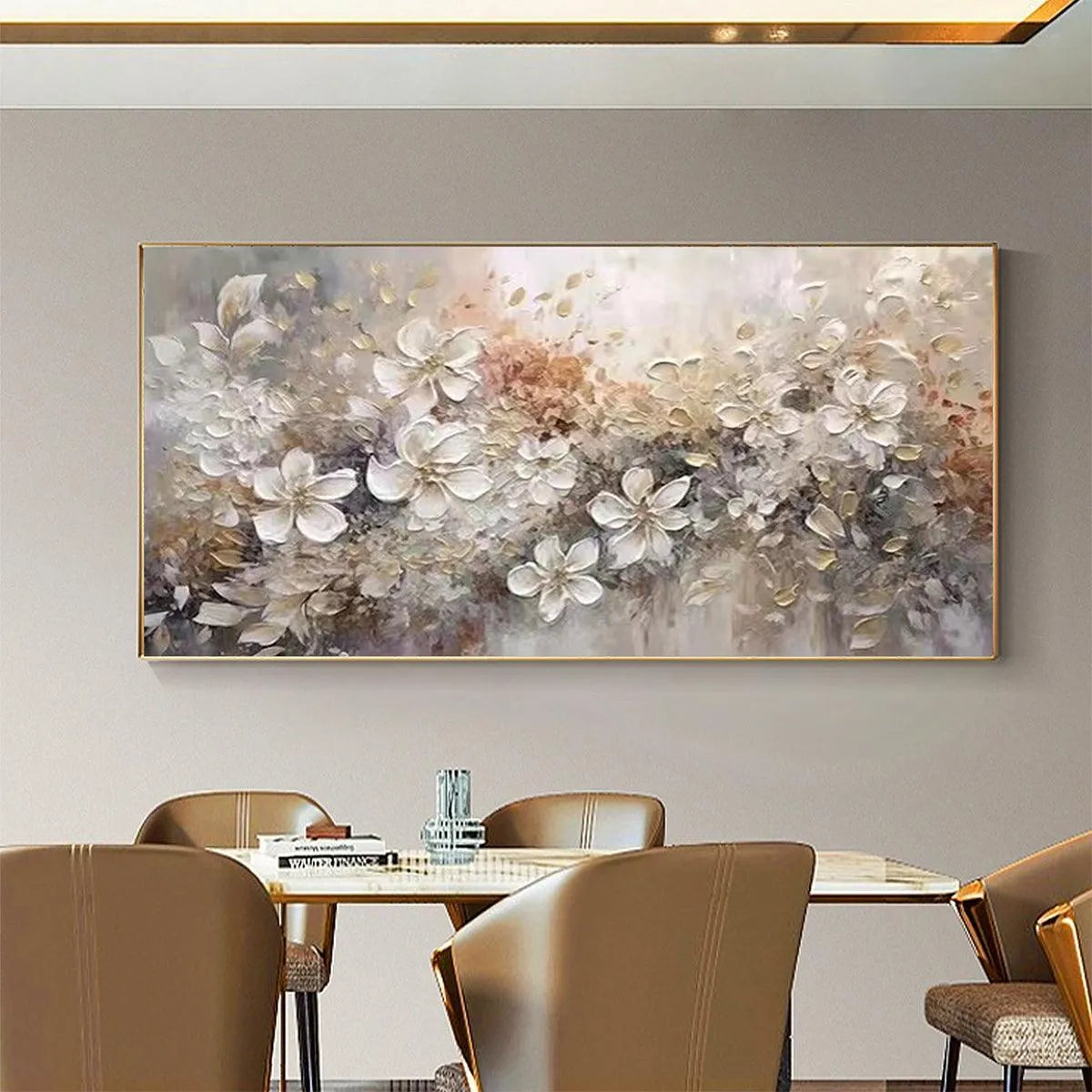 WHISPERING BLOSSOMS: Textured Beige and White Floral Impasto Painting