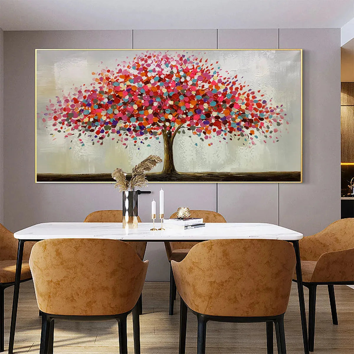 JEWEL TREE: Colorful Abstract Tree Painting, Impasto Texture, Horizontal Canvas, Modern Wall Art