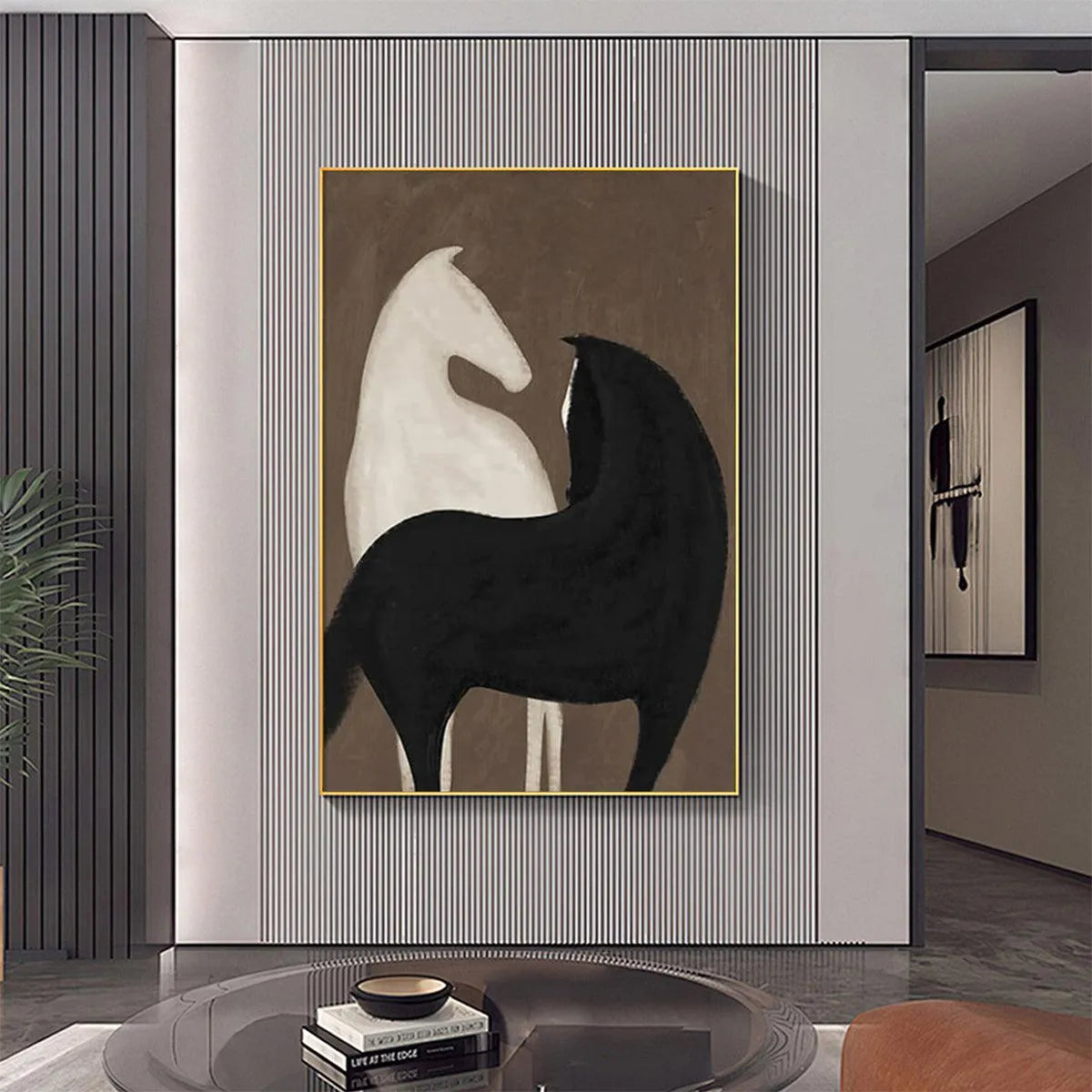 TWO HORSES ON BROWN: Minimalist Horse Painting, Vertical Wall Art