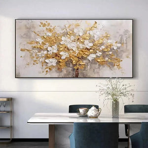 Textured white and gold impasto floral painting by Elodie Dubois. Horizontal opulent artwork for living room.