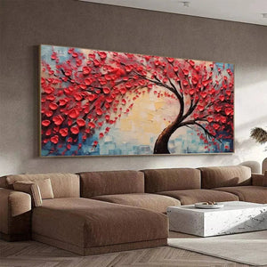 Textured impasto painting of a dark tree with vibrant red heart-shaped leaves, displayed in a modern living room.