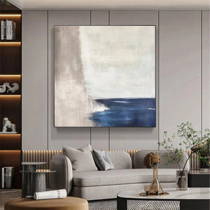 Serene Shore abstract coastal painting by Javier Ramirez, blue and beige tones, modern living room art