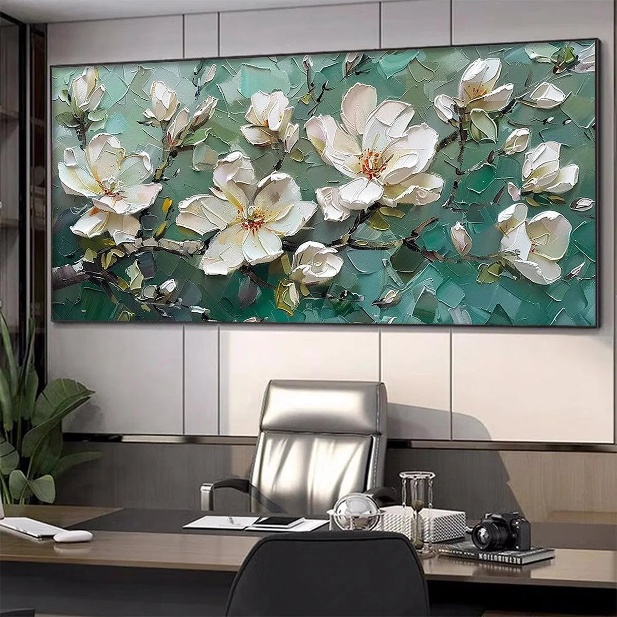 JADE MAGNOLIAS: White Magnolia Impasto Painting for Living Room