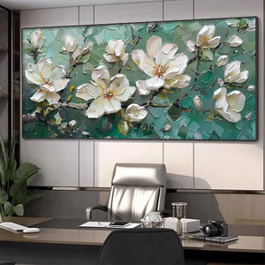 Thick impasto painting of white magnolias on teal background showcasing textured brushstrokes, ideal for living room decor.