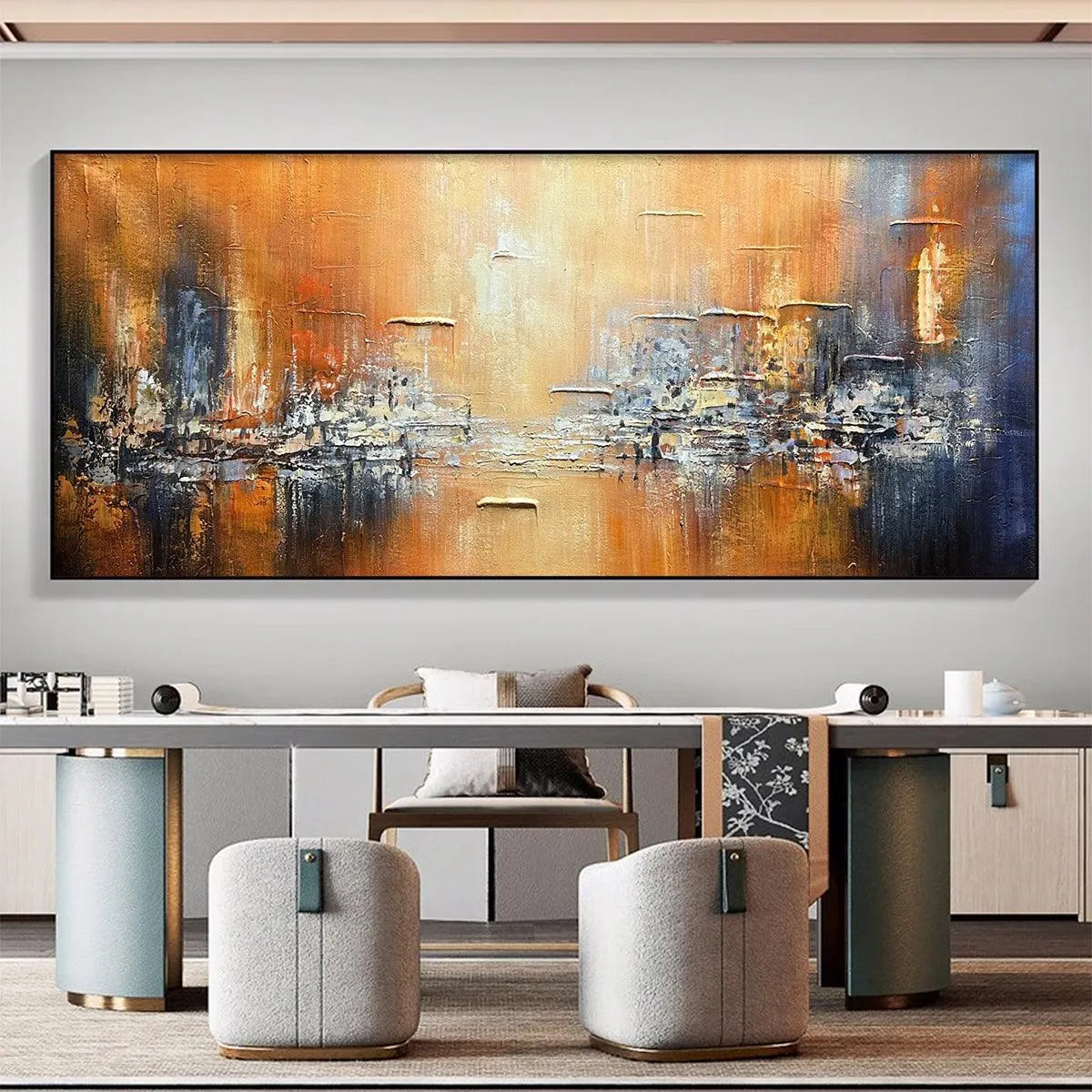 GOLDEN CITY: Textured Abstract Cityscape Painting in Orange and Blue