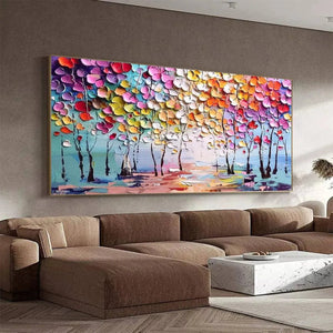 Textured impasto forest painting: vibrant leaves on trees, pale blue sky, Liam O'Connell art.