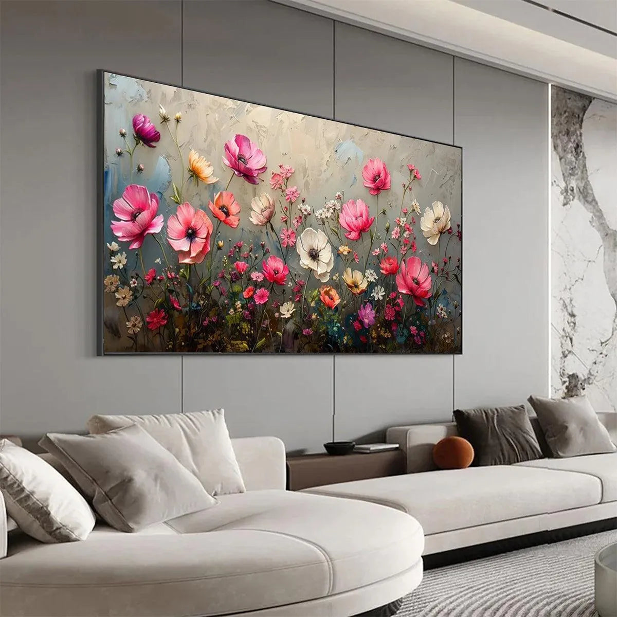 SUMMER BLOOM: Textured Pink and White Floral Painting on Grey Background