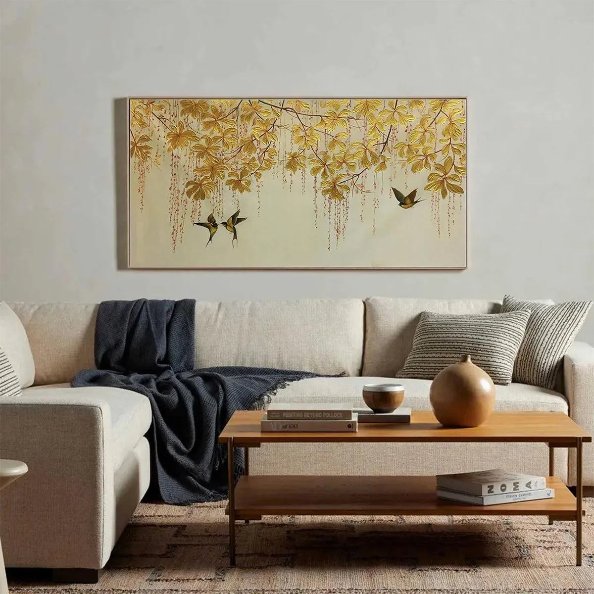 GOLDEN GARDEN: Panoramic Golden Leaf and Bird Painting | Asian Art